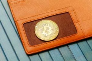 A gold bitcoin inside a real wallet