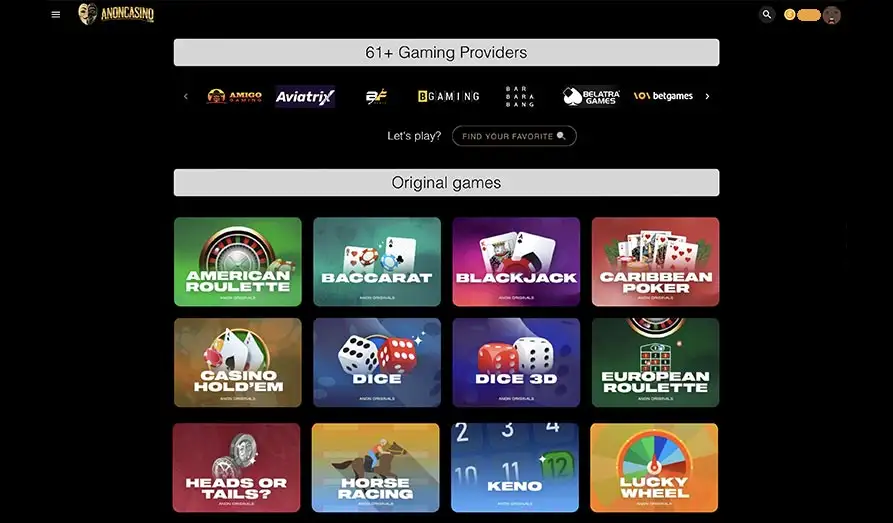 Anon Casino Original Games Landscape screenshot image #1 for Anon Casino
