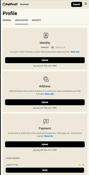 Fat Fruit Mobile Casino KYC process KYC Mobile Screenshot for Fat Fruit Casino