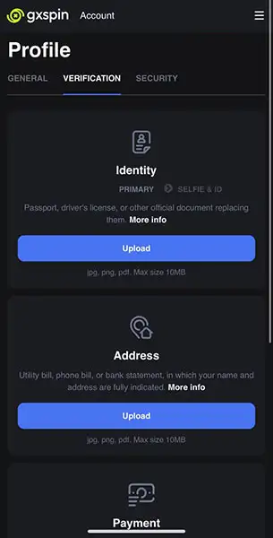 Gx Spin Mobile Casino KYC Verification Process KYC Mobile Screenshot for Gx Spin