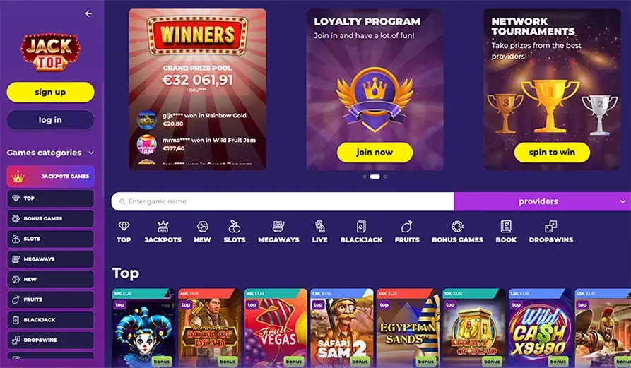 Jacktop Casino Startpage Main screenshot image for Jacktop Casino