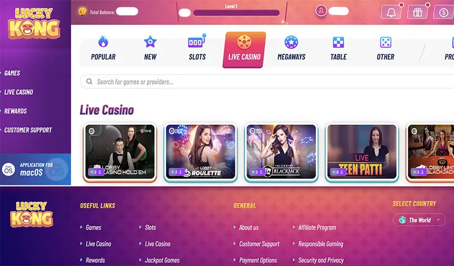 Lucky Kong Live Casino Games Landscape screenshot image #1 for Lucky Kong Casino