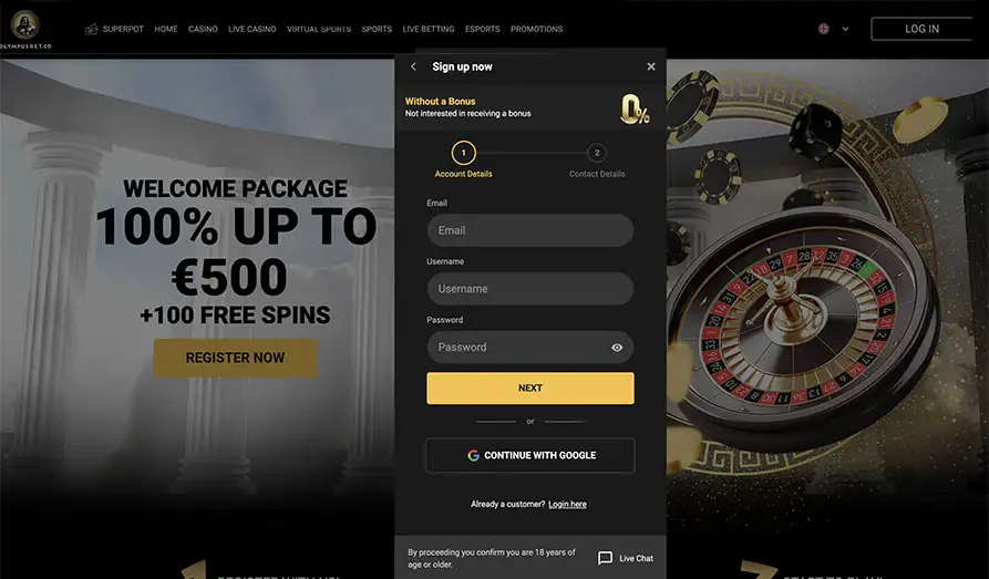 Olympus Bet Casino Registration KYC Landscape screenshot image for Olympus Bet