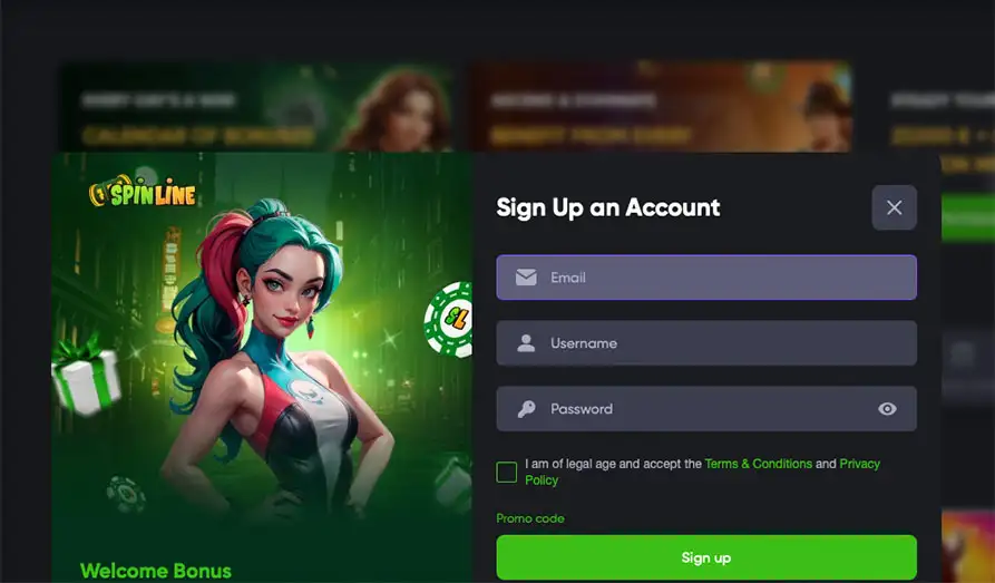 Spinline Casino Sign-up Process without any KYC KYC Landscape screenshot image for Spinline Casino