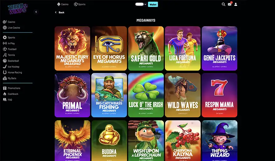 Turbo Wins - Megaways Slots Landscape screenshot image #1 for Turbo Wins Casino