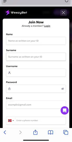 Weezy Casino Mobile Registration KYC Mobile Screenshot for Weezy Bet