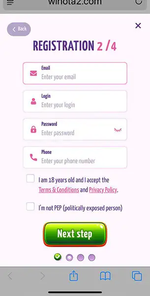 Winota Mobile Casino Registration KYC Mobile Screenshot for Winota Casino