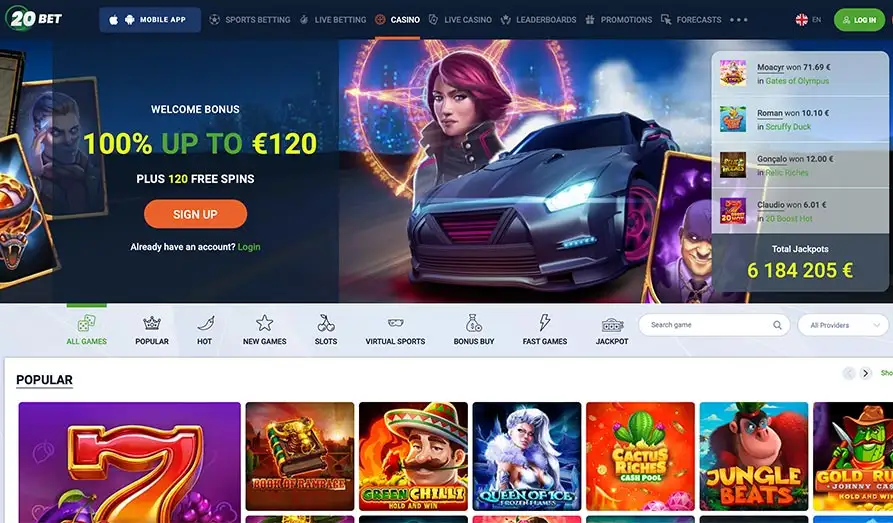 Main screenshot image for 20 Bet Casino