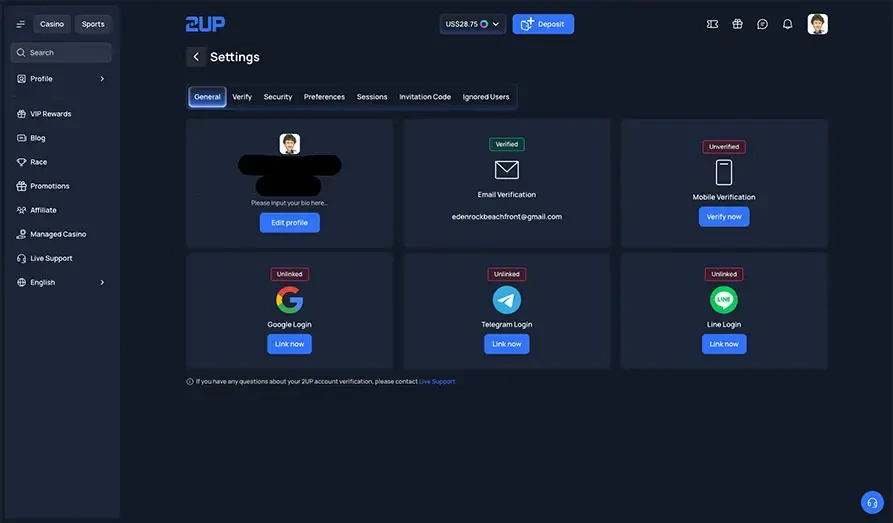 2up Verification - Only Email Confirmation Required KYC Landscape screenshot image for 2up Casino