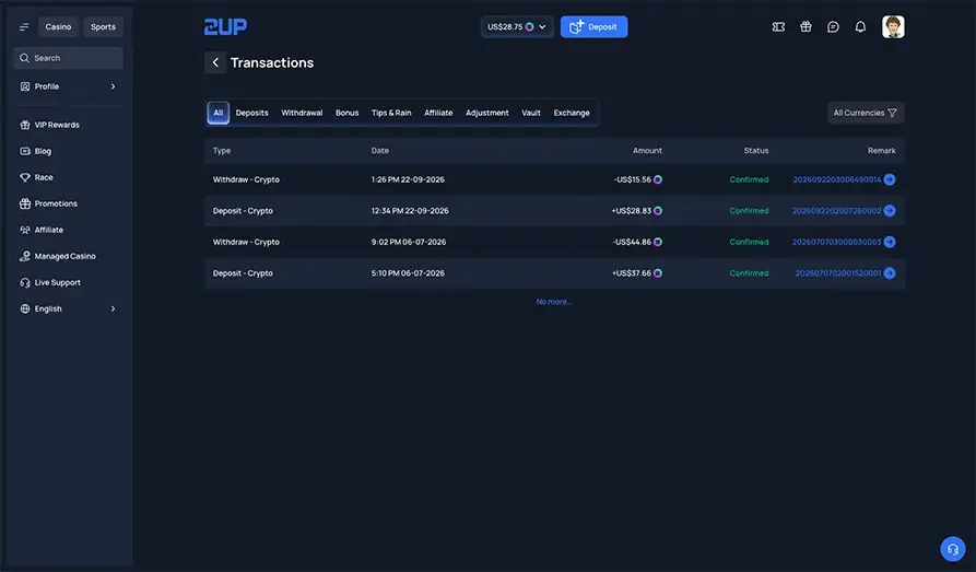 2up Latest Transactions Landscape screenshot image #1 for 2up Casino