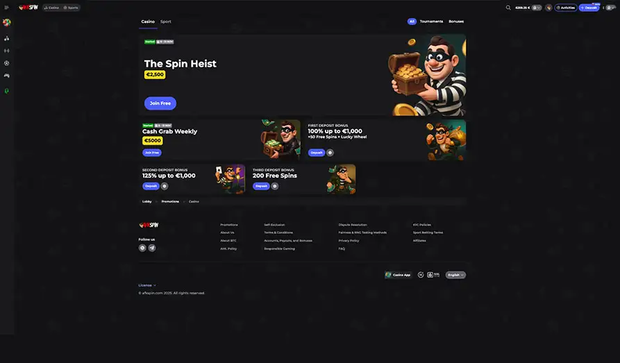 AFK Spin Casino Bonuses Landscape screenshot image #1 for AFK Spin Casino