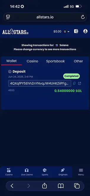 Casino Deposit Received