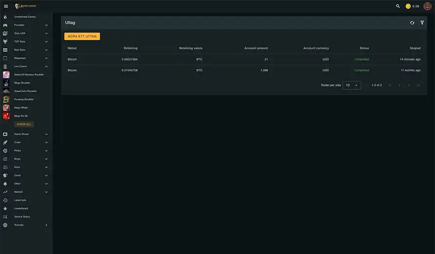 Casino Withdrawal Sent