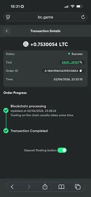 Casino Deposit Received