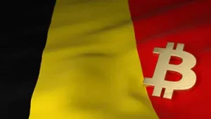 Belgium with Bitcoin symbol on a flag - CryptoLists.com Belgian flag with BTC symbol