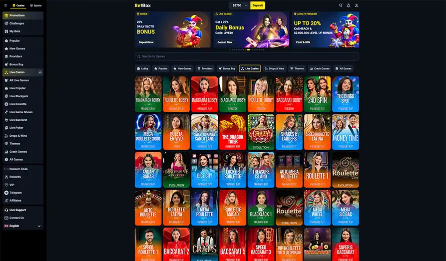 Bet Box Live Casino Selection Landscape screenshot image #1 for Bet Box Casino