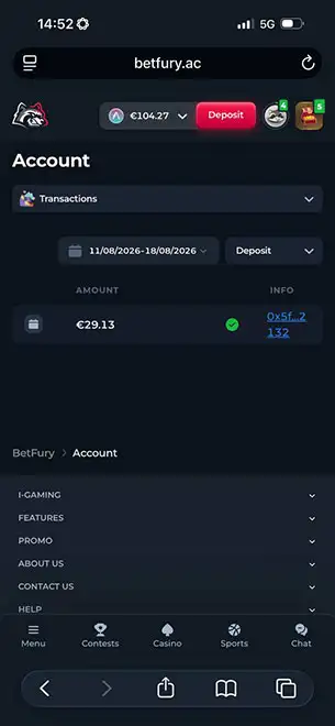 Casino Deposit Received
