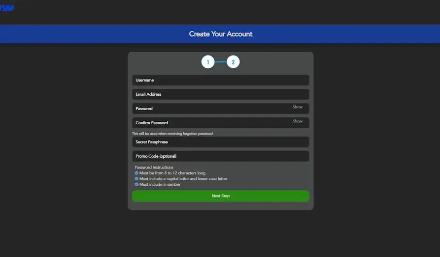 Bet GRW Casino sign up page KYC Landscape screenshot image for Bet GRW Casino