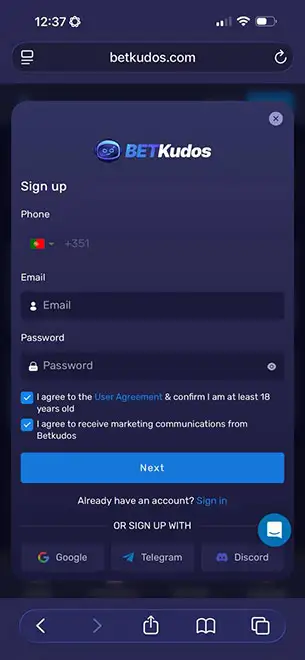 Bet Kudos Mobile Registration KYC Mobile Screenshot for Bet Kudos