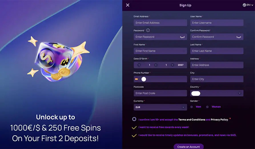 Better Win Casino Registration Without Much Details KYC Landscape screenshot image for Better Win Casino