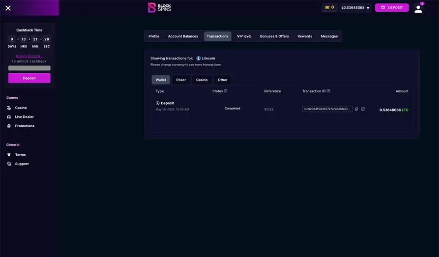 Casino Deposit Received
