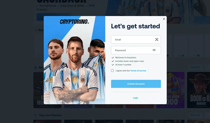 Cryptorino registration form showing email and password sign-up