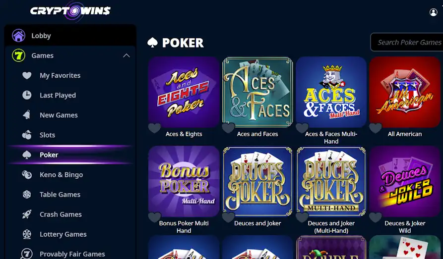 Crypto Wins poker Landscape screenshot image #1 for Crypto Wins Casino
