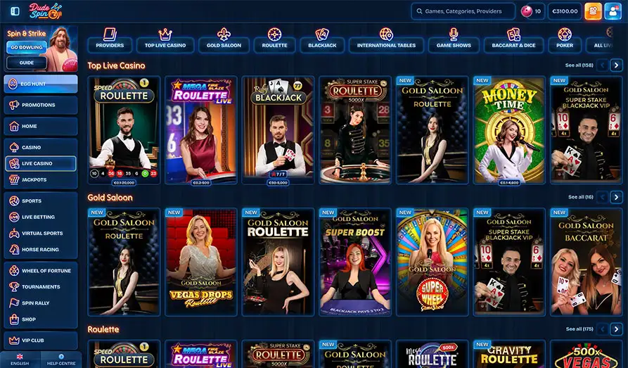 Dude Spin Live Casino Selection Landscape screenshot image #1 for Dude Spin Casino