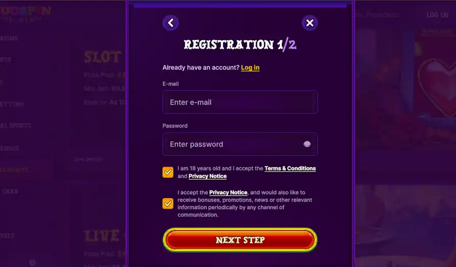 Duo Spin Casino registration KYC Landscape screenshot image for Duo Spin