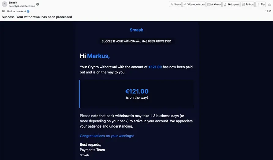-Email confirming that the LTC withdrawal has been paid KYC Screenshot #3 for Smash Casino