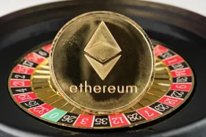 Ether coin in front of a roulette wheel
