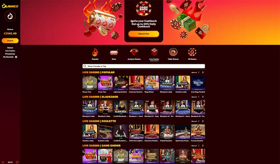 Flamez Live Casino Selection Landscape screenshot image #1 for Flamez Casino