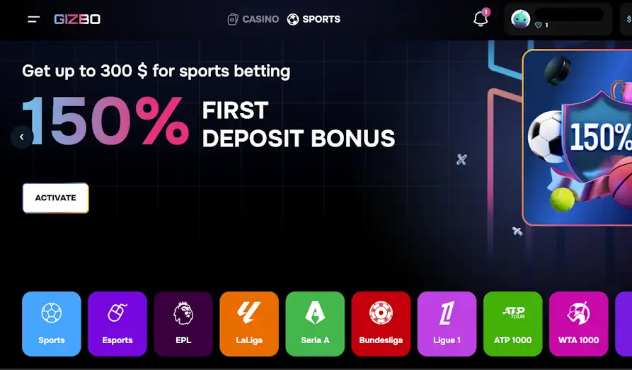 Gizbo Casino sports landing Landscape screenshot image #1 for Gizbo Casino