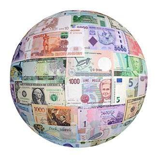 Globe with fiat currencies