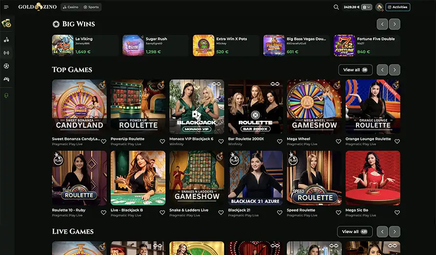 Goldzino Live Casino Selection Landscape screenshot image #1 for Goldzino