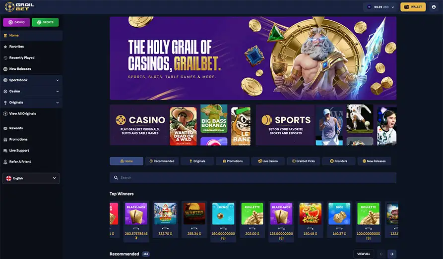 Grailbet Casino Homepage Main screenshot image for Grailbet