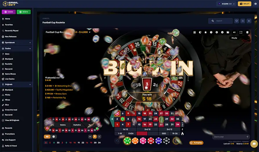 Grailbet Football Cup Roulette Winning For Once Screenshot image #3 for Grailbet