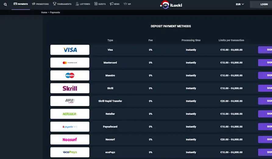 iLucki Casino payments Landscape screenshot image #1 for iLucki