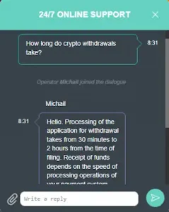 Chat between reviewer and casino support agent