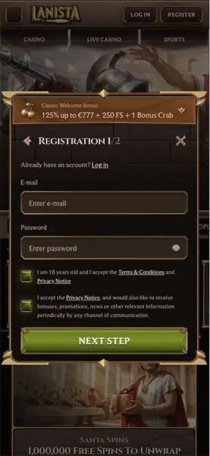 Lanista Casino Mobile Registration KYC Mobile Screenshot for Lanista Casino