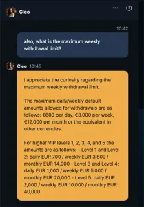 Live chat reply from VIP Casino IO