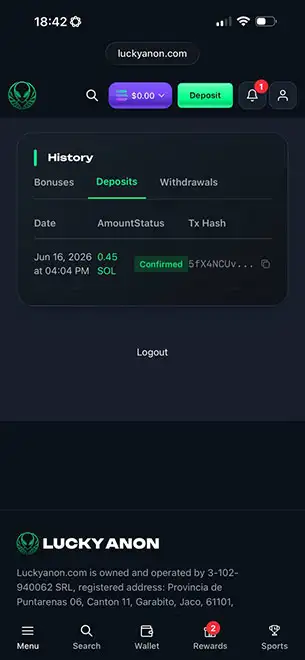 Casino Deposit Received