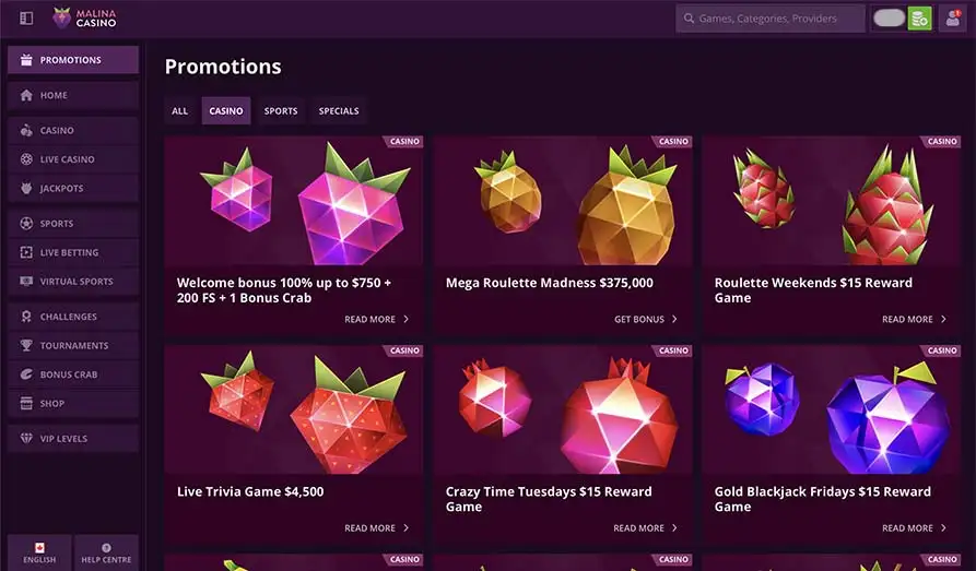 Malina Casino bonuses Landscape screenshot image #1 for Malina Casino