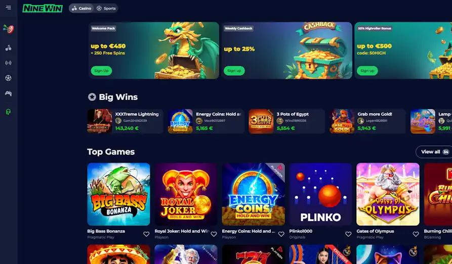 Ninewin startpage Landscape screenshot image #1 for Nine Win Casino