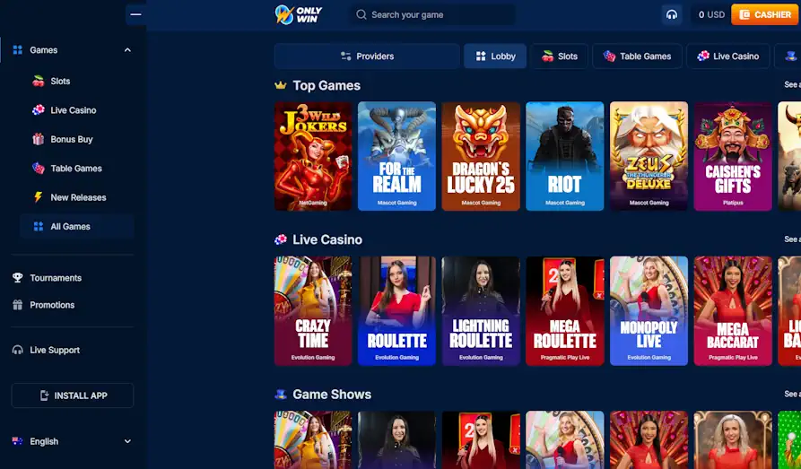 List of Only Win's Casino Games Landscape screenshot image #1 for Only Win Casino