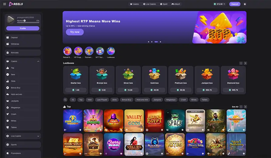 Reels IO Casino Startpage Main screenshot image for Reels IO Casino