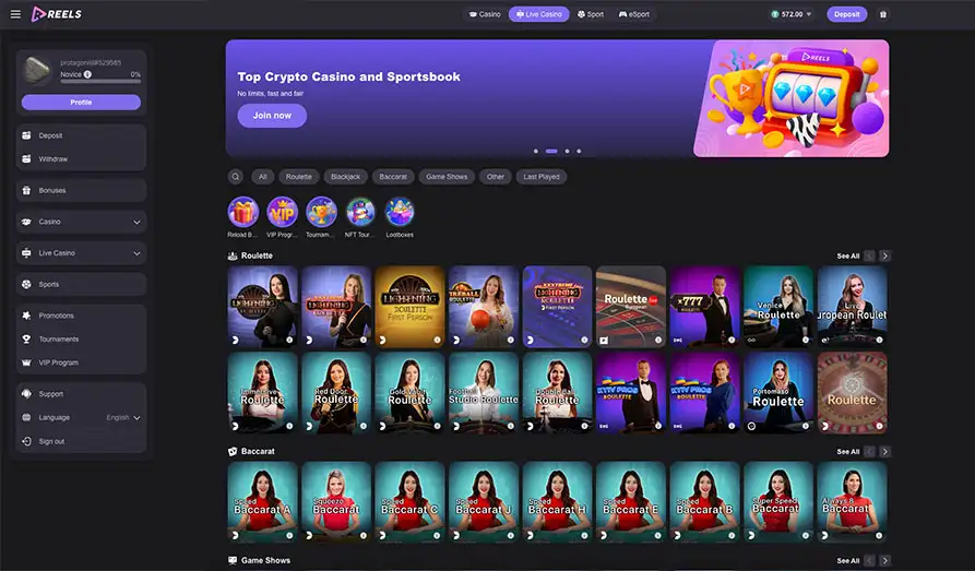 Reels IO Live Casino Section Screenshot image #2 for Reels IO Casino