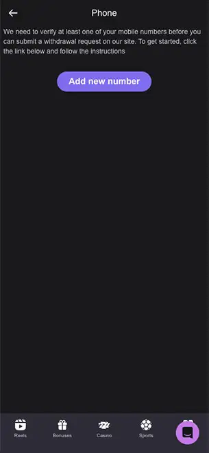 Reels IO Mobile - Phone Number Verification KYC Mobile Screenshot for Reels IO Casino