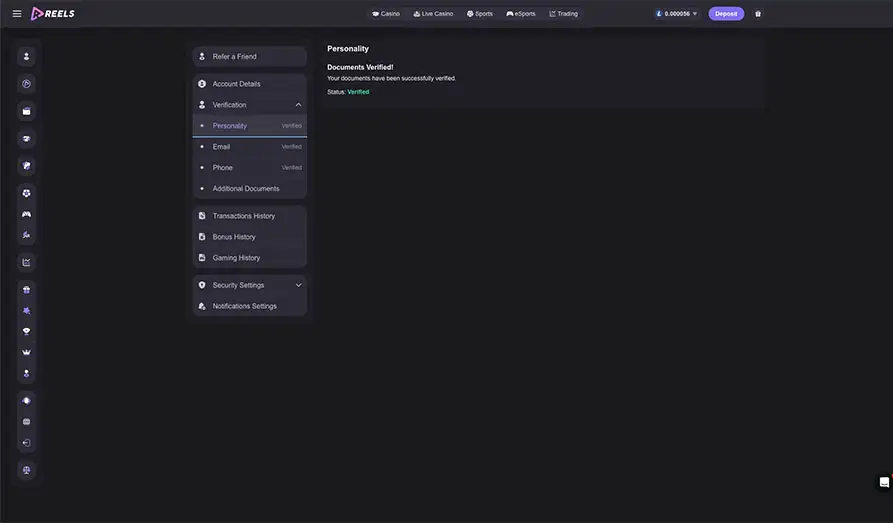 Reels IO Documents Verified KYC Screenshot #2 for Reels IO Casino