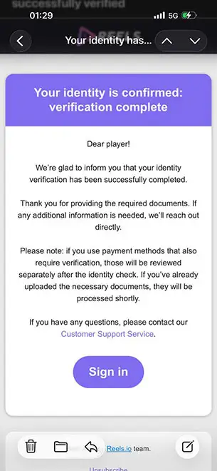 Reels IO Second Verification Comment KYC Screenshot #3 for Reels IO Casino